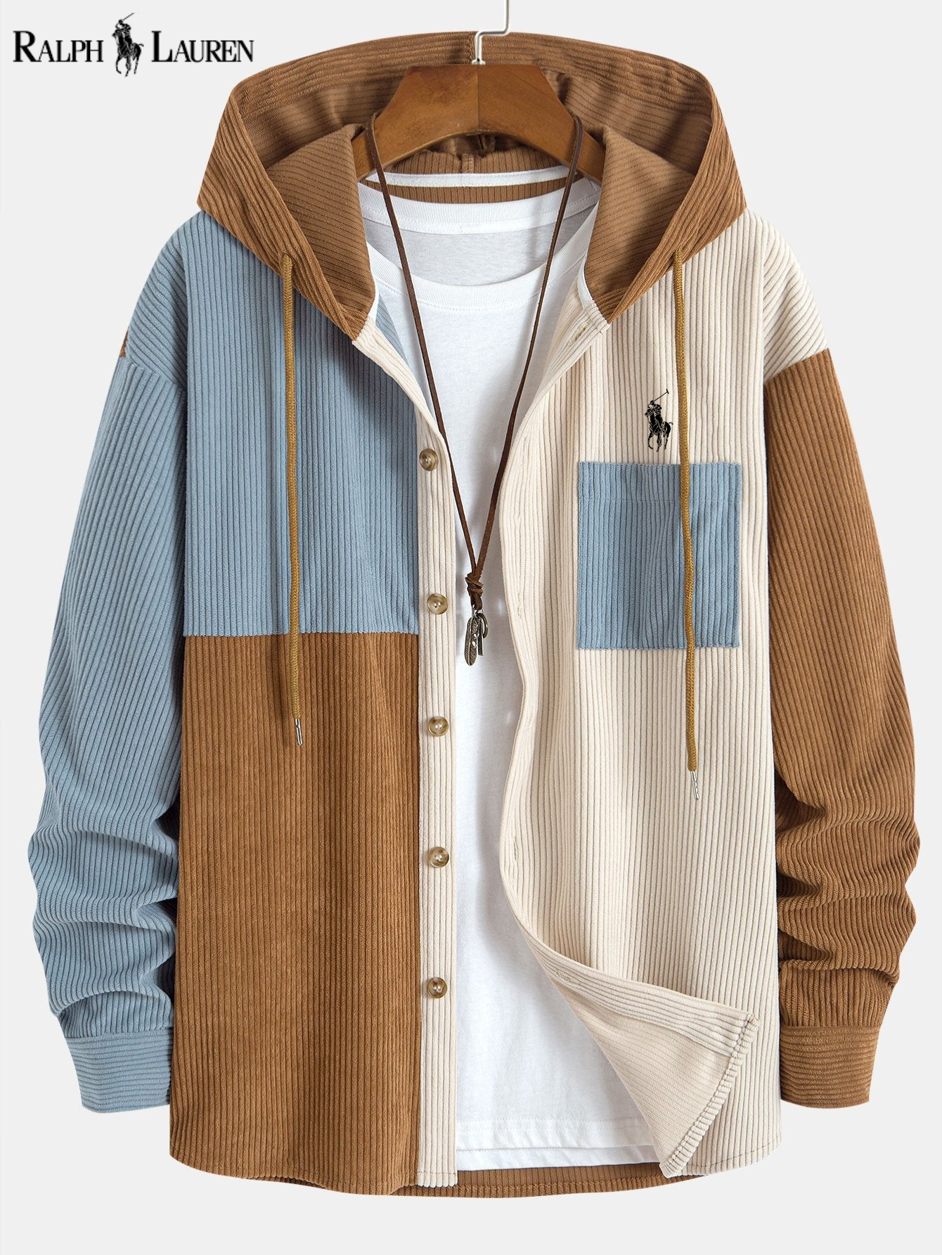 ᏒᎪᏞᏢᎻ ᏞᎪՍᏒЕΝ - Chemise à capuche en velours côtelé Relax Fit Colorblock