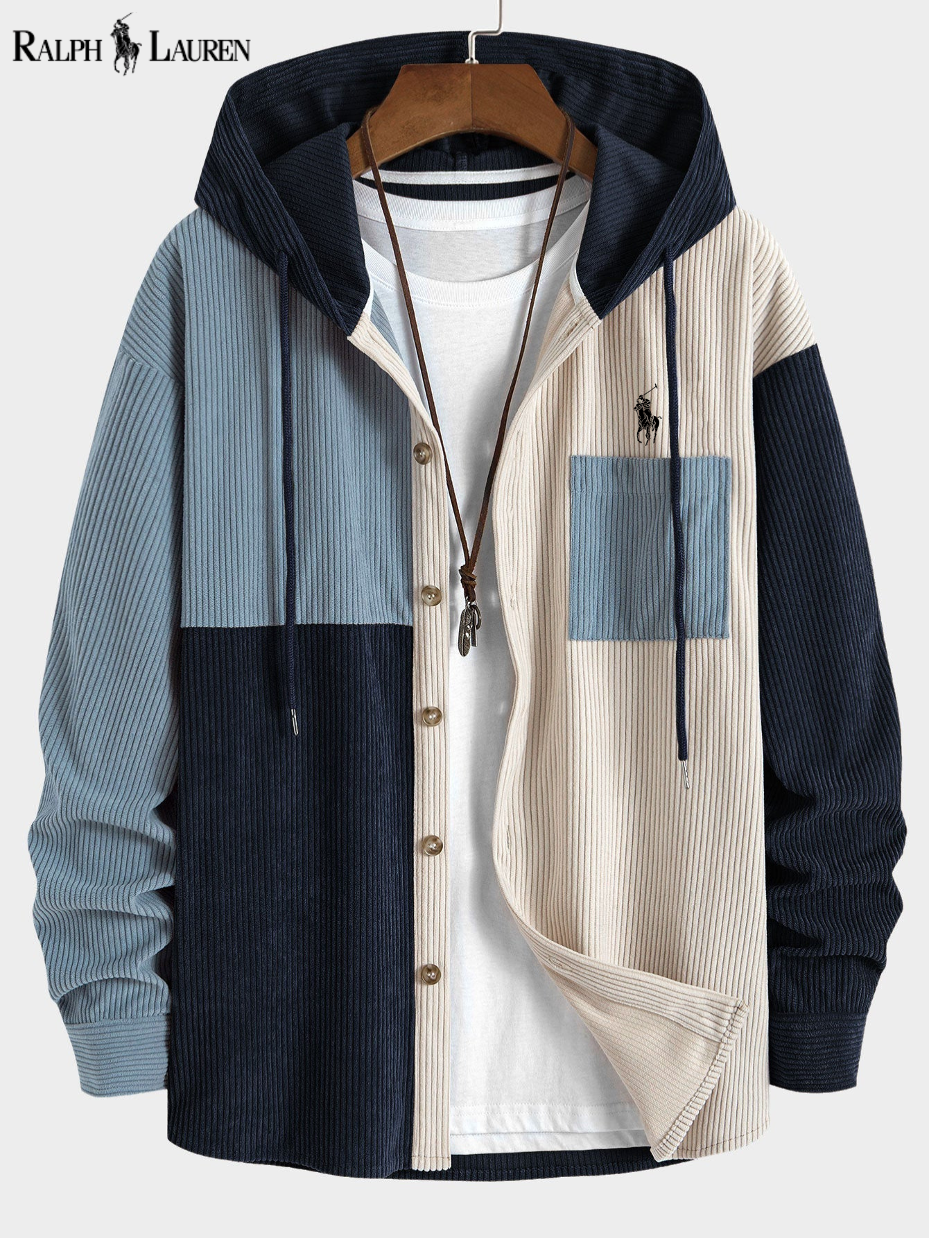 ᏒᎪᏞᏢᎻ ᏞᎪՍᏒЕΝ - Chemise à capuche en velours côtelé Relax Fit Colorblock