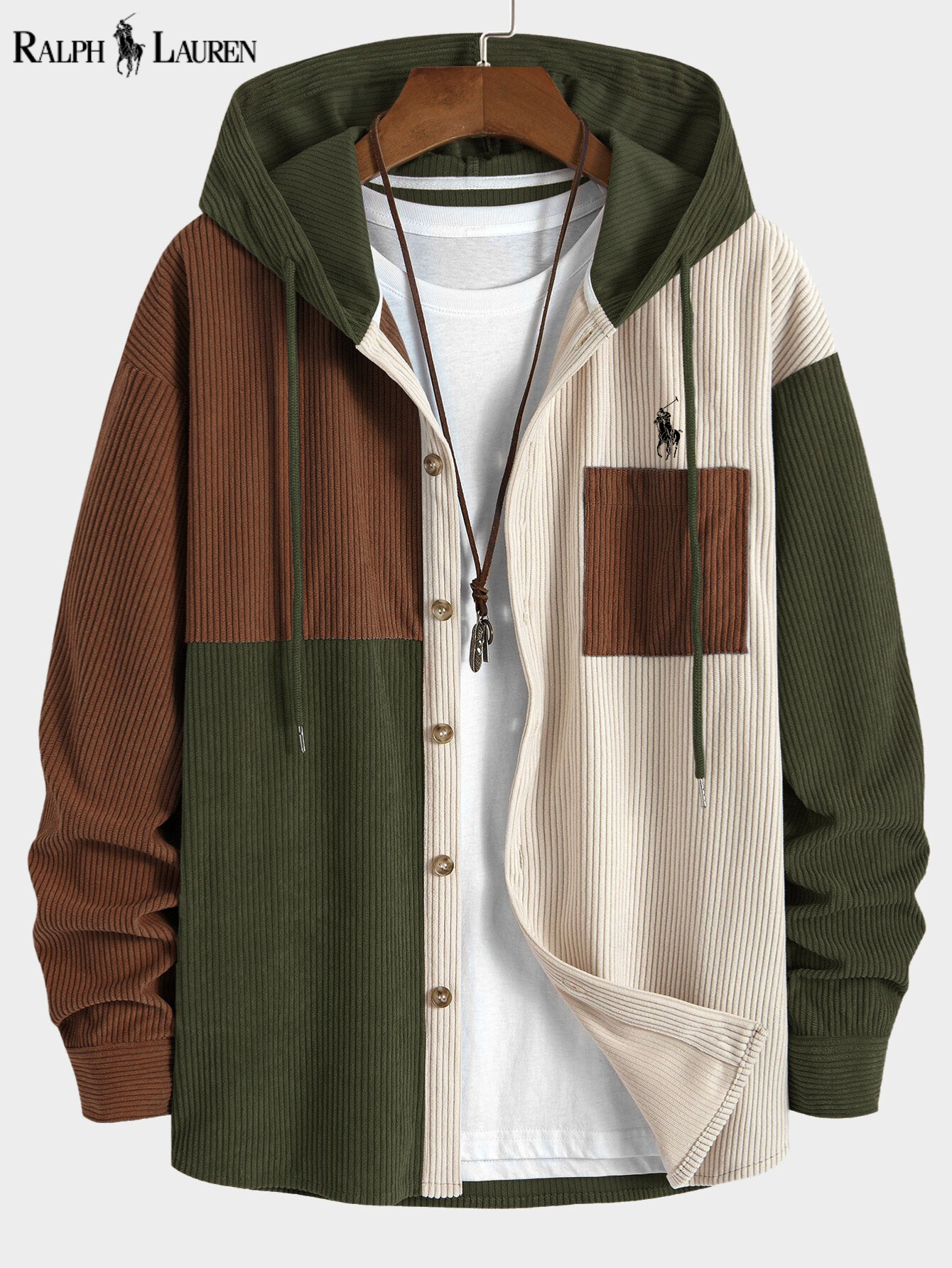 ᏒᎪᏞᏢᎻ ᏞᎪՍᏒЕΝ - Chemise à capuche en velours côtelé Relax Fit Colorblock