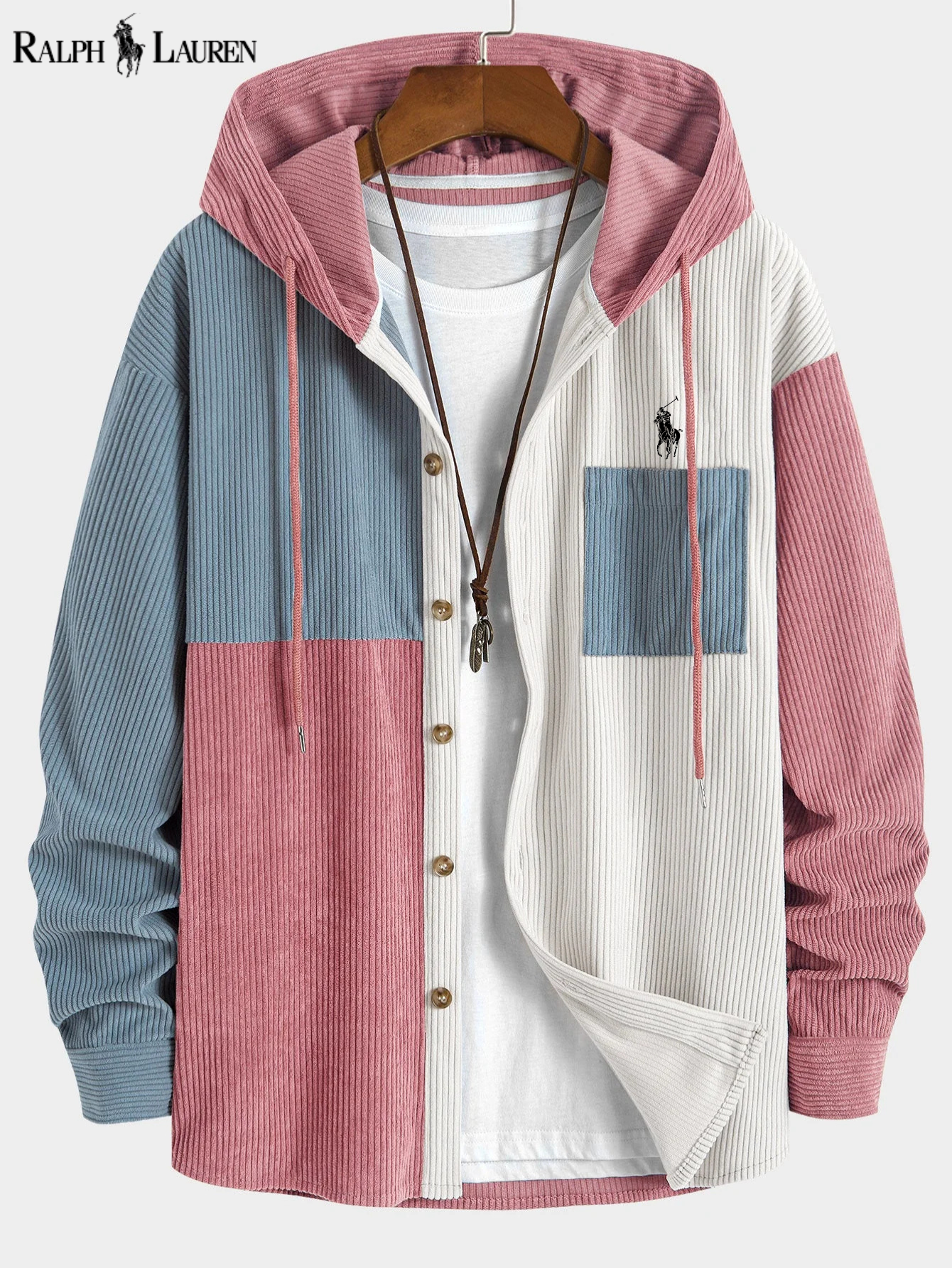 ᏒᎪᏞᏢᎻ ᏞᎪՍᏒЕΝ - Chemise à capuche en velours côtelé Relax Fit Colorblock